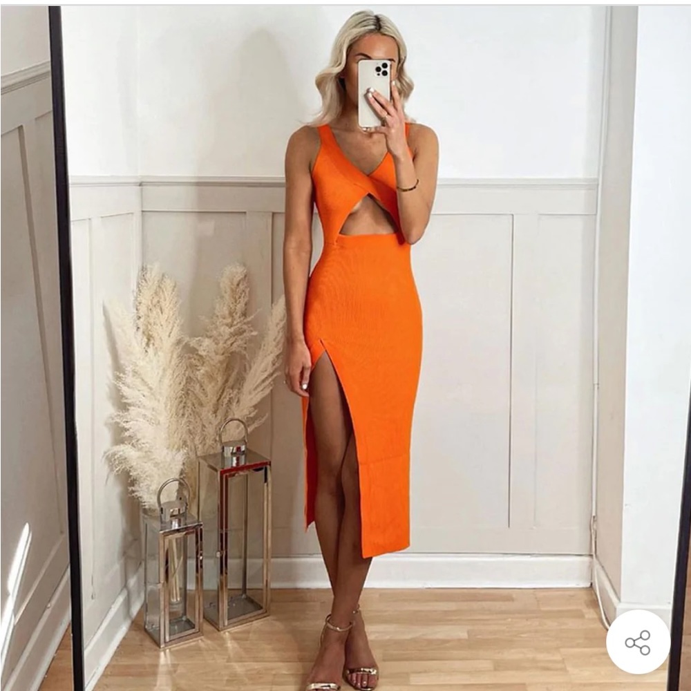 Kollyy Orange Cut Out Slit Dress